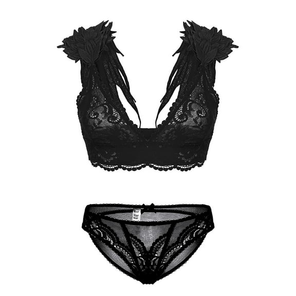 Adjustable Strap Sexy Cute Triangle Bralette with Wings and Lace Bikini Panties for Women