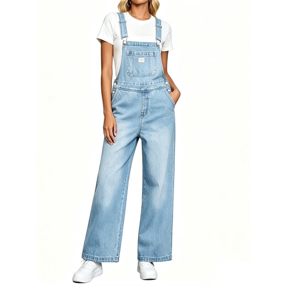 Adjustable Strap Sleeveless Women Loose Denim Overall Wide Leg Jumpsuit