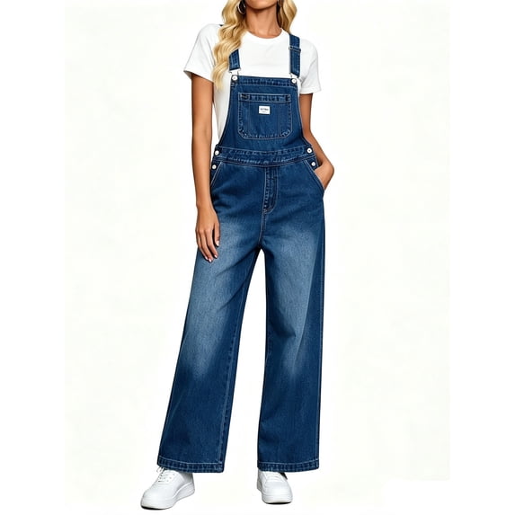 Adjustable Strap Sleeveless Women Loose Denim Overall Wide Leg Jumpsuit