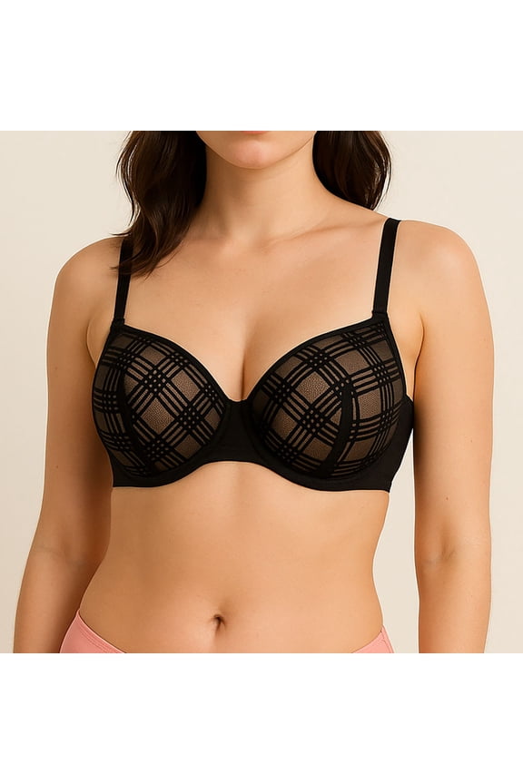 Adjustable Straps, Underwire, 2 Hook Closure Geo Lace Bra 38C Black