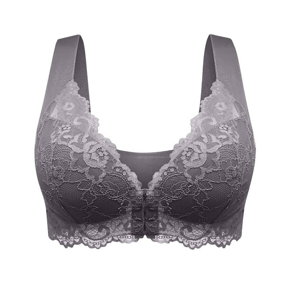 Adjustable Straps Wireless Bra Lace Bra for Women Push up Front Closure Soft Comfy Smoothing Back Breathable Underwear Brassiere Gray M