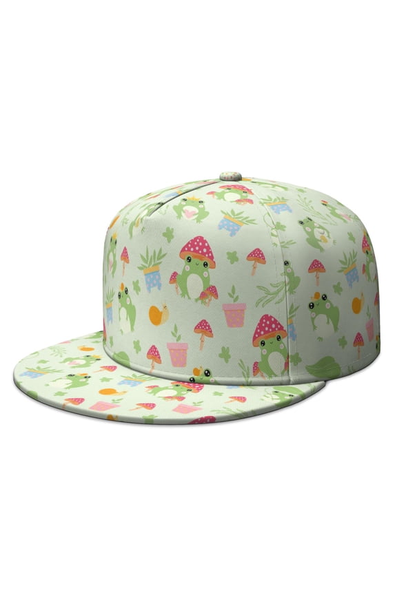 Adjustable Streetwear Cap - Cartoon Frog & Mushroom Full Panel Print Flat Visor Hat for Urban Style