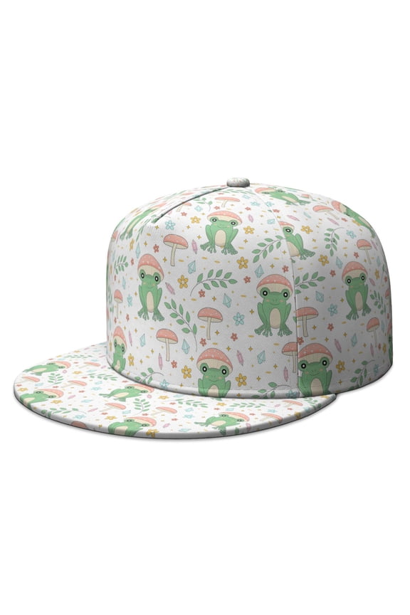 Adjustable Streetwear Cap - Cartoon Frog & Mushroom Full Panel Print Flat Visor Hat for Urban Style