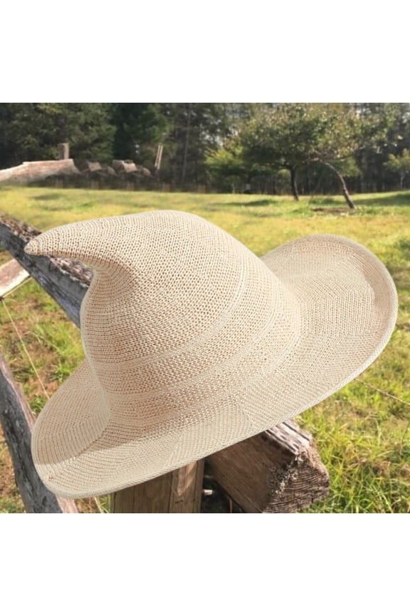 Adjustable Stretch Fabric Witch Hat, Foldable Crochet Large Sharp Brim Design, Multifunctional Sun Protection Cap for Halloween Events and Casual Daily Matching, White One Size