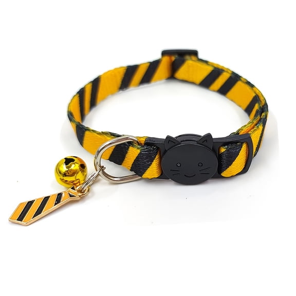Adjustable Striped Pet Collar with Bell & Pendant - Durable Polyester, No Battery Needed, Perfect for Weddings & Special Occasions, Fits Cats & Small Dogs, White with Colorful Stripes & Golden Accent