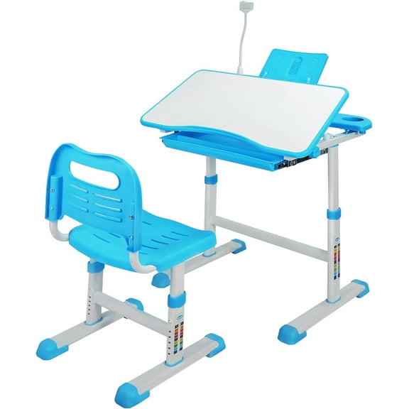 Adjustable Student Desk and Chair Set, 3-15 Kids School Desk with Drawing Tilt Desktop/LED Light/Cup Holder/Bookstand/Storage Drawer, Study Desk for Boys & Girls,Blue