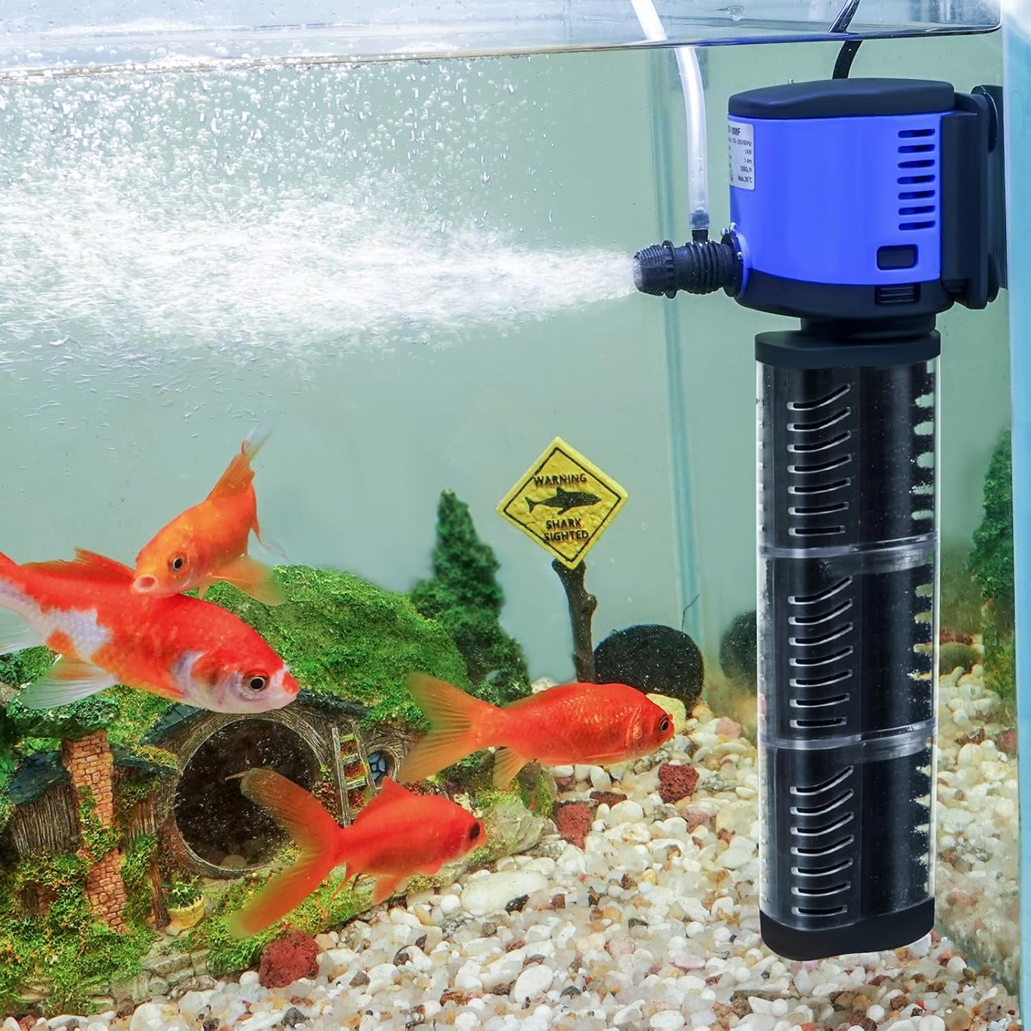 Adjustable Submersible Aquarium Filter 4-in-1 Biochemical Filtration 264GPH for 20-75 Gallon Fish Turtle Tanks Freshwater Saltwater