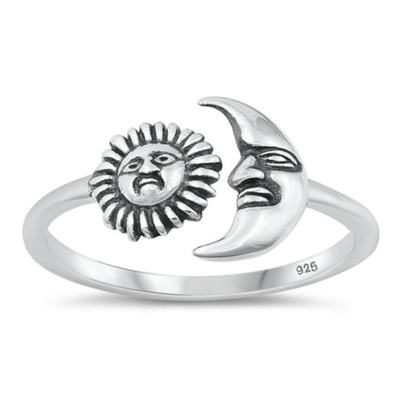 Adjustable Sun & Moon Ring 925 High Polished Sterling Silver Band Jewelry Female Male Unisex Size 10