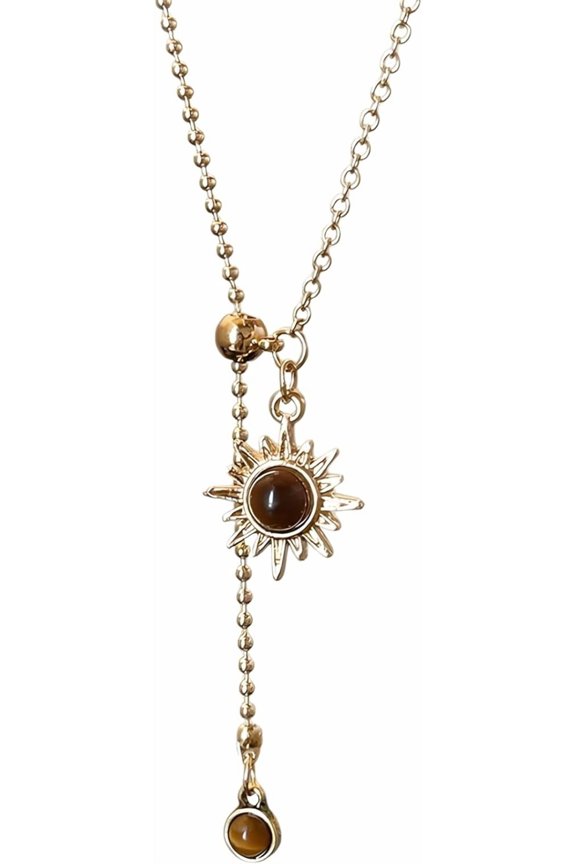 Adjustable Sun Pendant Necklace For Women, Eye Stone, Gold Alloy Y-Chain, Contemporary And Casual Look[o486]