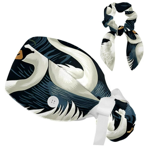 Adjustable Swan Scrub Cap, Working Hat Hair Cover with Ponytail Pouch, Soft Bouffant Surgical Nurse Cap