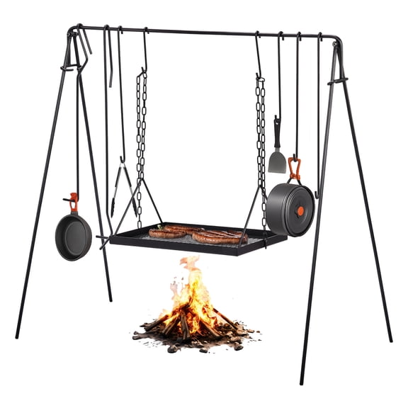 Adjustable Swing Hanging Campfire Cooking Stand with Collapsible Iron Grill Grate, Hooks, and Accessories for Outdoor BBQ, Picnic, Camping, and Dutch Oven Use