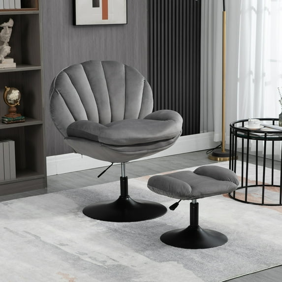 Adjustable Swivel Accent Chair with Ottoman Set, Velvet Living Room Chair, Modern Upholstered Lounge Chair with Shell Shaped Back and Sturdy Metal Base, Gray
