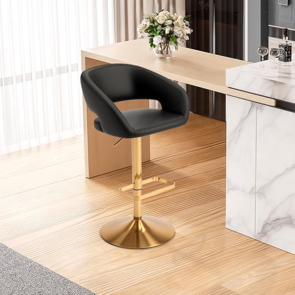 Adjustable Swivel Bar Stool with Arms, Hollow Back & Footrest, Modern PU Leather Counter Height Stools, Gas Lift Bar Chair for Kitchen Island, Home Bar (Black, Gold Base)