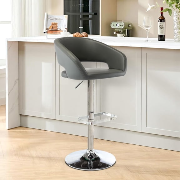 Adjustable Swivel Bar Stool with Arms, Hollow Back & Footrest, Modern PU Leather Counter Height Stools, Gas Lift Bar Chair for Kitchen Island, Home Bar, Dining Room (Grey, Chrome Base)