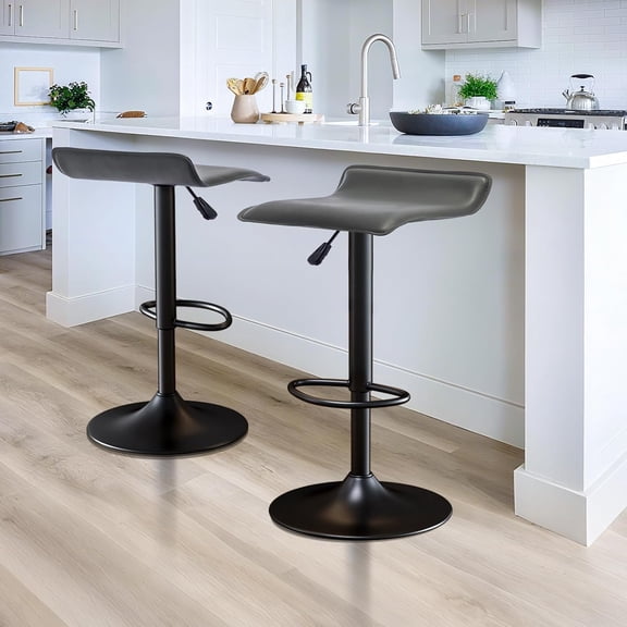 Adjustable Swivel Bar Stools Set of 2, Modern PU Leather Backless Counter Height Stools with Footrest & Gas Lift | Heavy Duty for Kitchen Island, Home Bar, Dining Room (Grey, Black Base)
