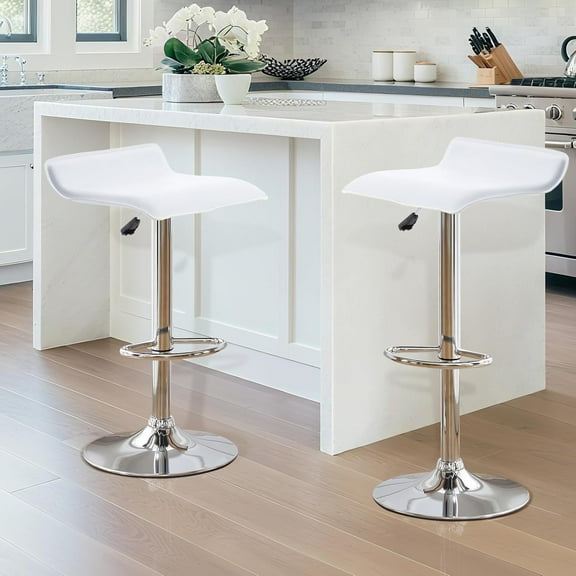 Adjustable Swivel Bar Stools Set of 2, Modern PU Leather Backless Counter Height Stools with Footrest & Gas Lift for Kitchen Island, Home Bar, Dining Room (White, Chrome Base)