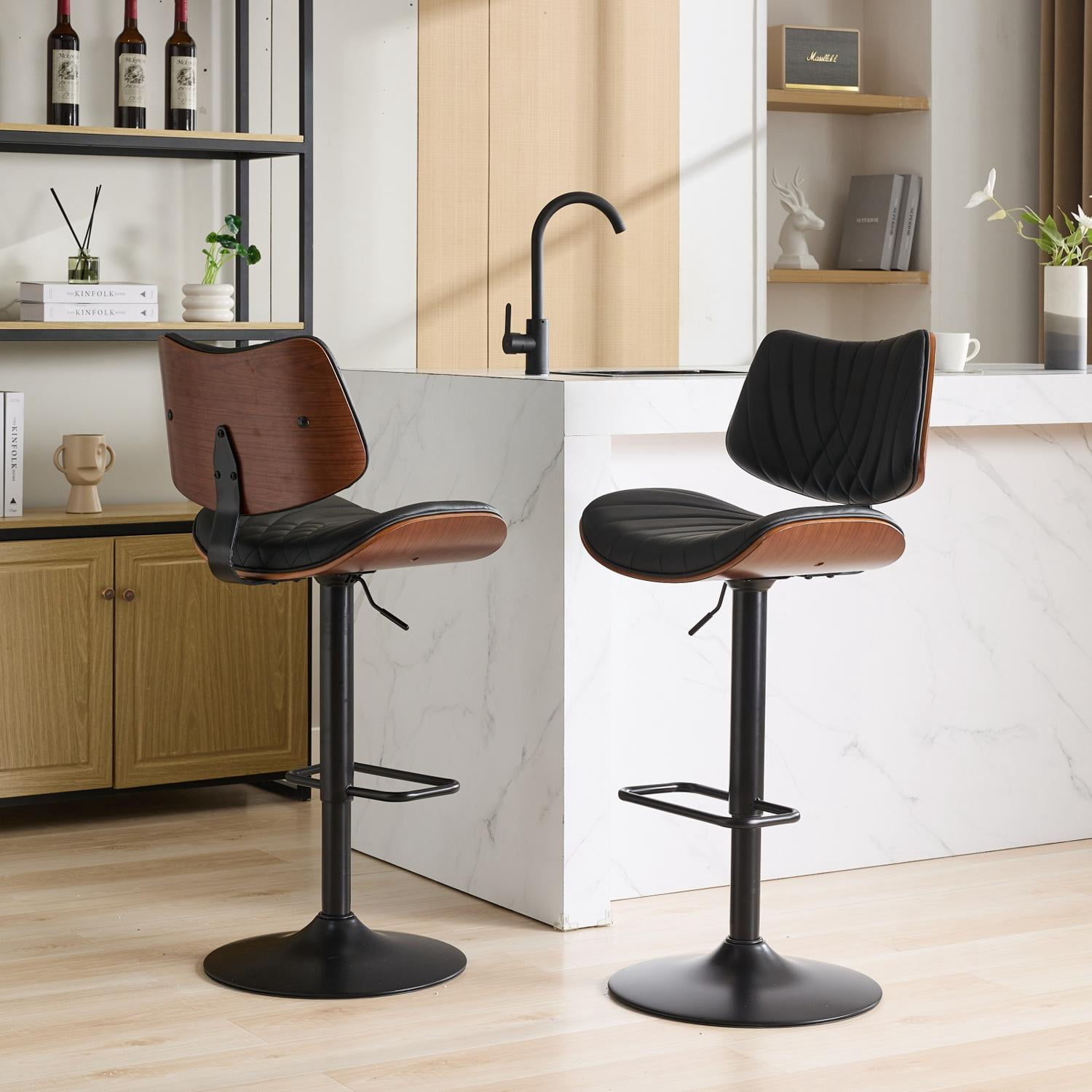Adjustable Swivel Bar Stools Set of 2 Mid Century Modern Design with Walnut Bentwood and Black PU Leather Upholstery for Kitchen Island