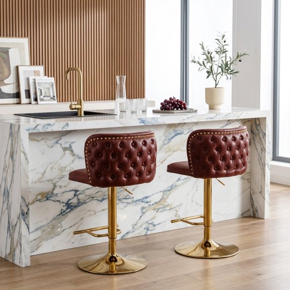 Adjustable Swivel Barstools with Tufted PU Leather Back - Set of 2