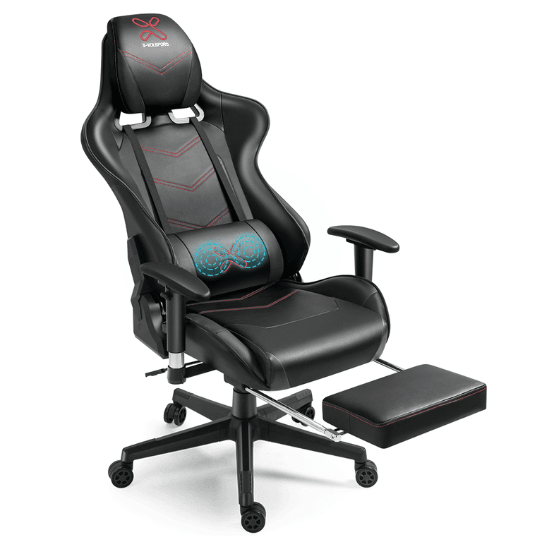 Adjustable Swivel Gaming Chair with Massage Pillow &Footrest, Leather PC  Video Game Chairs,Black 