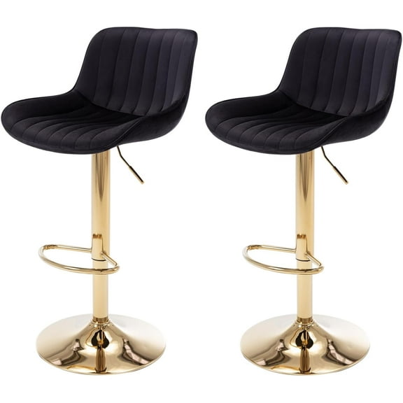 Adjustable Swivel Gold Bar Stools Set of 2, Counter Height with Backs, Modern Velvet Island Chairs for Kitchen Home Decor（Black）