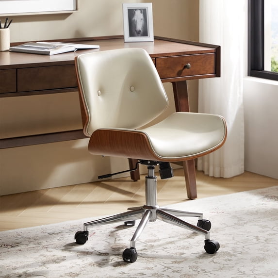 Adjustable Swivel Office Chair Leather Desk Task Chair for Makeup Vanity Ivory