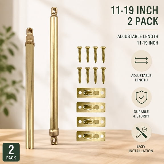 Adjustable Swivel Sash Curtain Rods with Brass Finish, Set of 2, 11-19 Inch Metal Drapery Rods for Doors, Windows & Sidelights, Includes Hardware