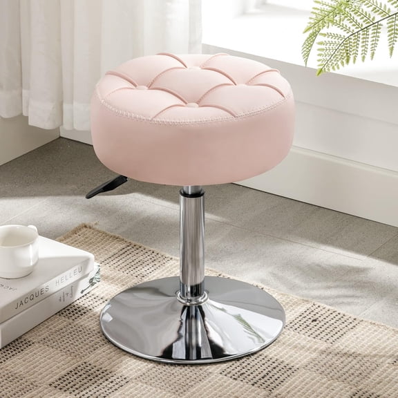 Adjustable Swivel Vanity Stool with 360 Rotation, Pink Faux Leather Seat, Height Adjustable (15.820.7 Inches), Round Metal Base