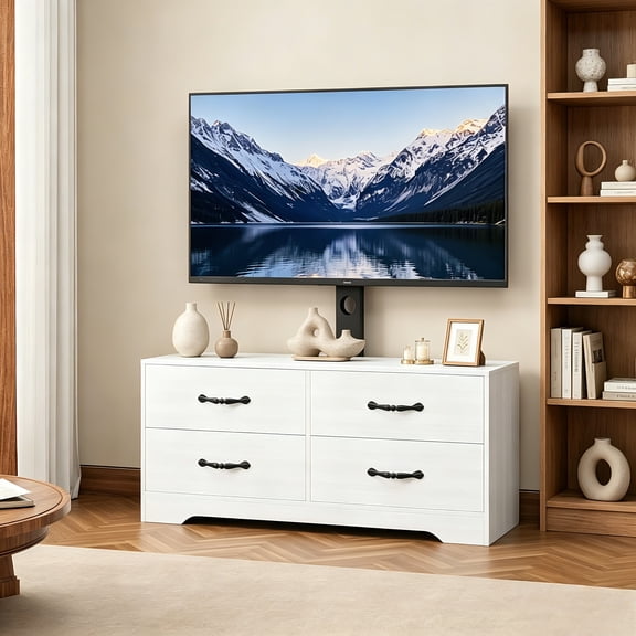 Adjustable TV Stand Dresser Media Console with 4 Rattan Storage Drawers, Indoor Entertainment Unit Compatible with 32-85 Inch TVs for Living Room Bedroom