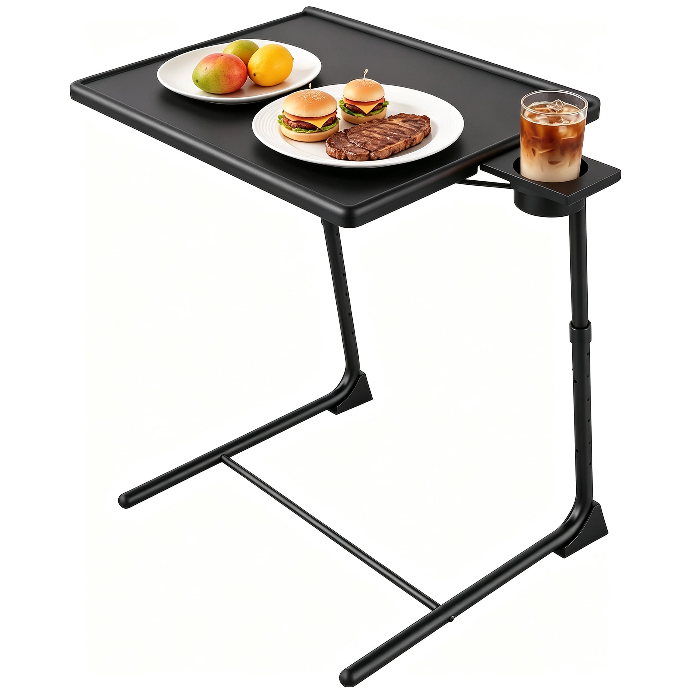 Adjustable TV Tray Table with 6 Height & 3 Tilt Angle, Folding TV Dinner Tray, TV Table with Cup Holder on Bed & Sofa, Portable C-Shaped Side Dinner Tray Table