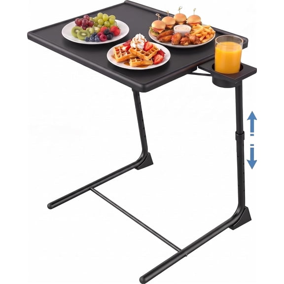 Adjustable TV Tray Table, Foldable TV Dinner Tray with 6 Height & 3 Tilt Angle Adjustments, Portable Laptop Desk with Built-in Cup Holder for Couch, Bed, Sofa & Chair, Black