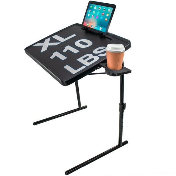 Adjustable TV Tray Table - Folding, Portable, & Sturdy w/ Rotating Cup Holder & Tablet Book Stand - Tray Table For Laptop, Eating, Drawing, & Snacks - Black