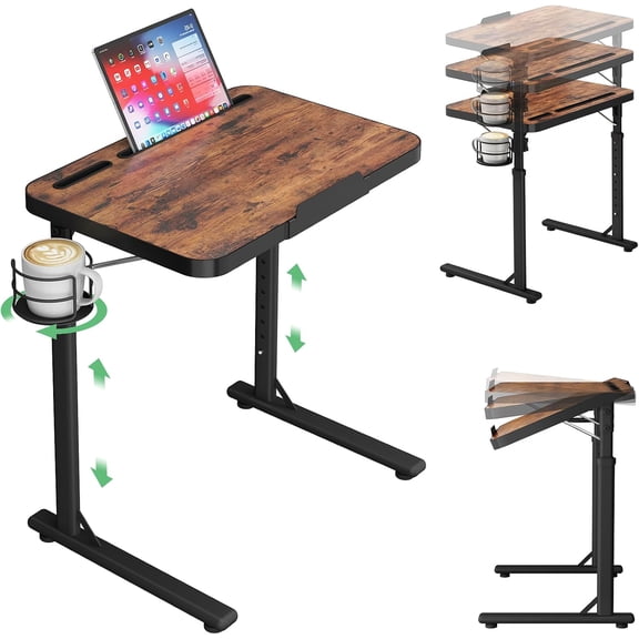 Adjustable TV Tray Table, Large Folding TV Food Tray with Tilting Tabletop, Rotatable Cup Holder, Device Slot & Anti-Slip Stopper, TV Dinner Tray Table for Couch, Bed, Work & Eating
