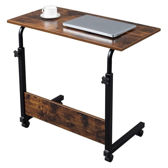 Adjustable TV Tray Table Rolling Sofa Side Snack Table with Wheels Portable C-Shape Dinner Tray Tables Mobile Wooden Laptop Desk Beside Couch Bed (Antique Brown-31.5" Wx15.7 D)