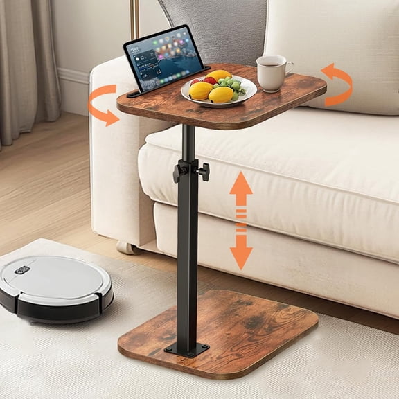 Adjustable Height C Shaped End Table, 360° Swivel Vintage Rustic Wood End Table, Includes Tablet Phone Slot Laptop Snack Side Table for Living Room Bedroom Small Space