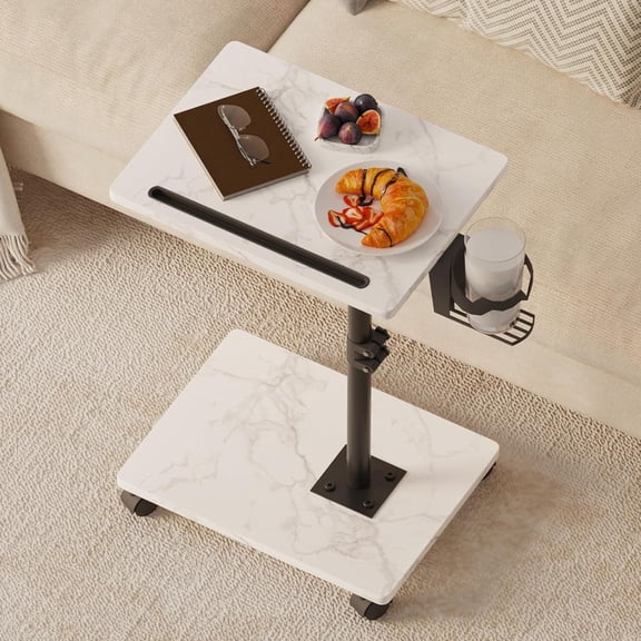 Adjustable TV Tray Table, TV Dinner Table for Eating, C-Shaped TV Trays for Couch, 360Swivel Side End Table, Slide Under Sofa Snack Table for Bedroom Living Room Small Space (White+Black)