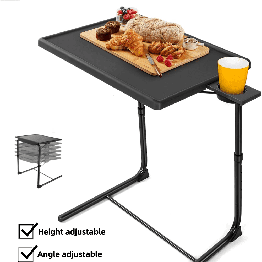 Black Adjustable Folding TV Tray Table with Cup Holder