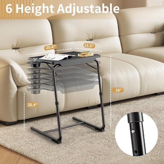 Adjustable TV Tray Tables with 6 Height & 3 Tilt Angle, Folding TV Dinner Tray, TV Table with Cup Holder on Bed & Sofa (1 Pack, Black)