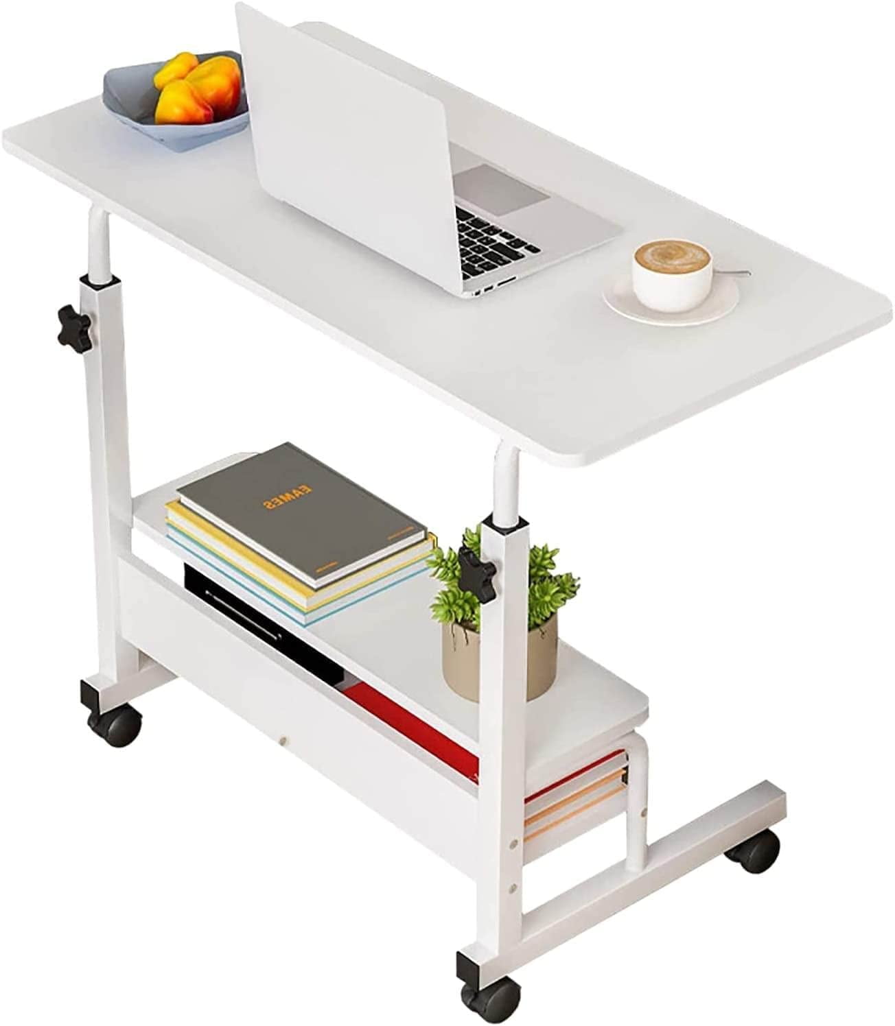 White Adjustable Height Laptop Cart with Storage Shelves