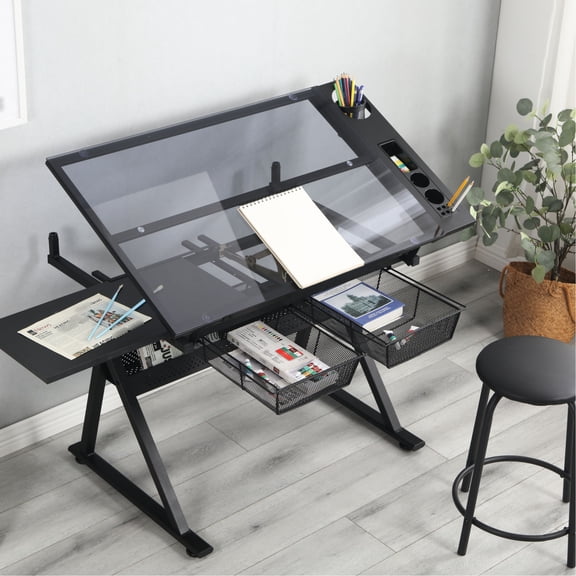 Adjustable Table with 5mm Glass, Metal Storage / Drafting & Printing on Uneven Floors