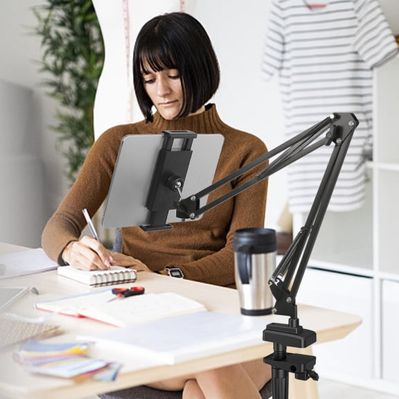 Adjustable Tablet Cantilever Stand with Desk Clamp, Alloy Retractable Support Rack for Tablets & Phones, Extends 6cm, Holds 10kg, Black