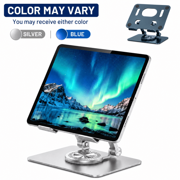 Icreopro Adjustable Tablet Stand, Aluminum Desk Holder with 360 Degree Swivel Base for Tablets, Color May Vary