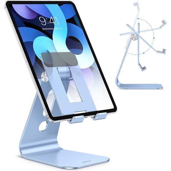 Adjustable Tablet Stand for Desk, Upgraded Longer Arms for Greater Stability, T2 Tablet Holder with Hollow Design for Bigger Sized Phones and Tablets Such as iPad Pro/Air/Mini, Blue