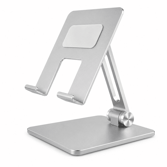 Adjustable Tablet Stand, Foldable Aluminum Alloy Desk Holder for Tablet and Phone, 5.28 in Square Base, Portable Metal Stand for Viewing, Video Calls, and Office Work