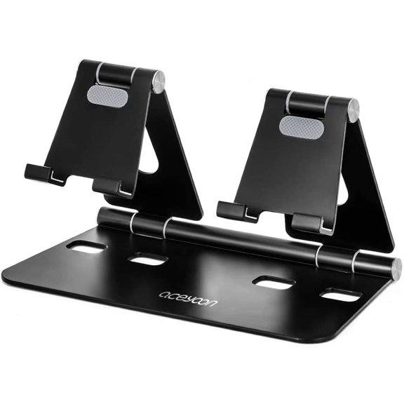 Adjustable Tablet Stand, iPad/Cell Phone Holder for Desk, Aluminum Alloy Stand Holder for 2 Phones or a Tablet/Kindle, Sturdy Dual Stands, Foldable and Portable, Black