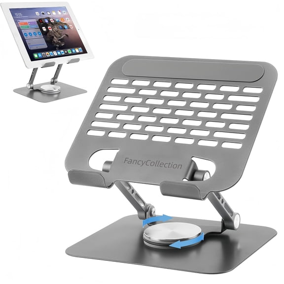 Adjustable Tablet Stand with 360 Rotating Base, Aluminum Dual-Rod Support, Compatible with iPad Pro/Air/Mini, Smartphones and E-Readers, Silver Grey