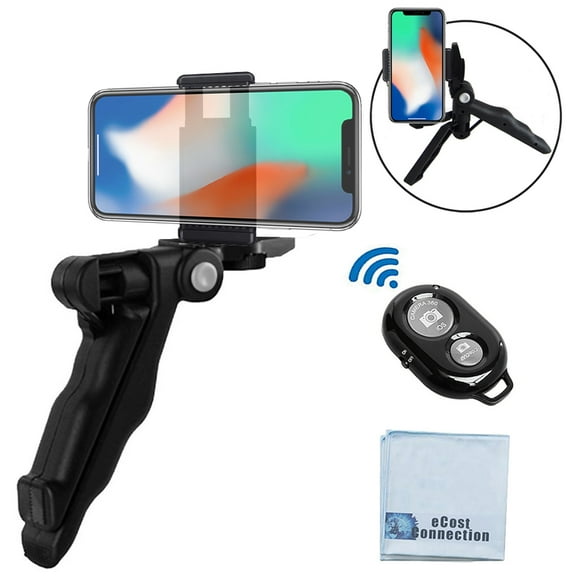Adjustable Tabletop Camera/Smartphone Tripod/Steady-Shot Hand Grip, 6.5" inches + Universal Tripod Smartphone Mount + Wireless Remote Control Camera Shutter for Most Smartphones + eCostConnection Micr
