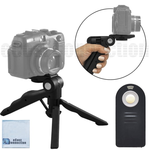 Adjustable Tabletop Camera Tripod/Steady-Shot Hand Grip, 6.5" inches (Black) + Universal Wireless Remote Control for Canon, Nikon, Olympus, Pentax and Sony DSLR Cameras + eCostConnection Cloth