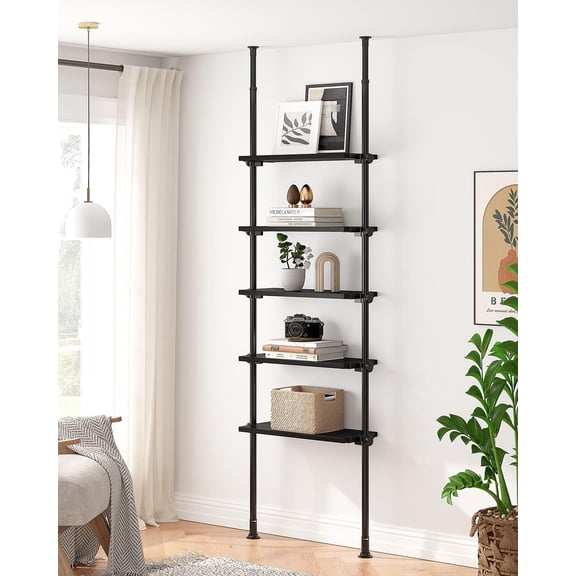 Adjustable Tall Narrow Bookshelf, 5-Tier Floor-to-Ceiling Tension Mount Ladder Book Shelf with Storage for Versatile Uses, Fits 92-116 Inch Ceilings, 27.84-Inch Wide Wood Shelves,Black Relief