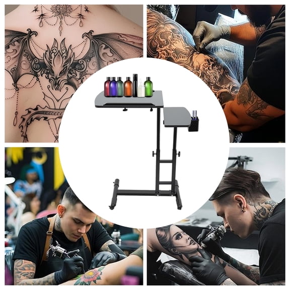 Adjustable Tattoo Workbench, Iron Wood Dual Desktop 360 Rotatable Mobile Work Station with Wheel Pen Holder for Tattoo Studio Use