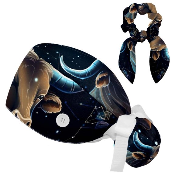 Adjustable Taurus Scrub Cap, Working Hat Hair Cover with Ponytail Pouch, Soft Bouffant Surgical Nurse Cap